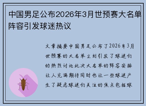 中国男足公布2026年3月世预赛大名单阵容引发球迷热议