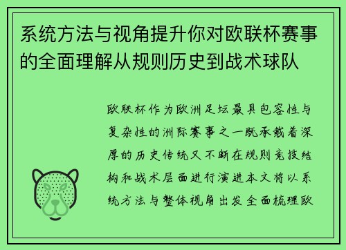 系统方法与视角提升你对欧联杯赛事的全面理解从规则历史到战术球队
